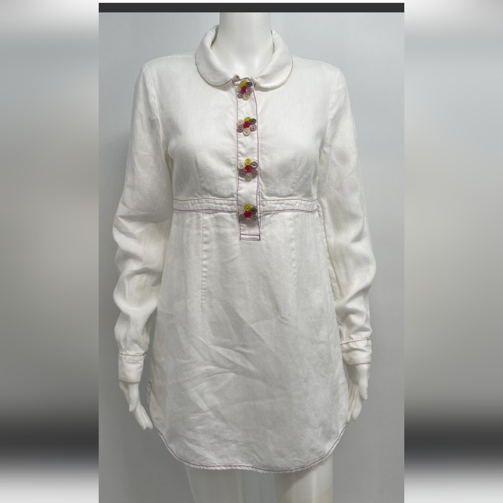 Boden Women's White Linen Tunic With Colored Stitch And Button Design Size 2